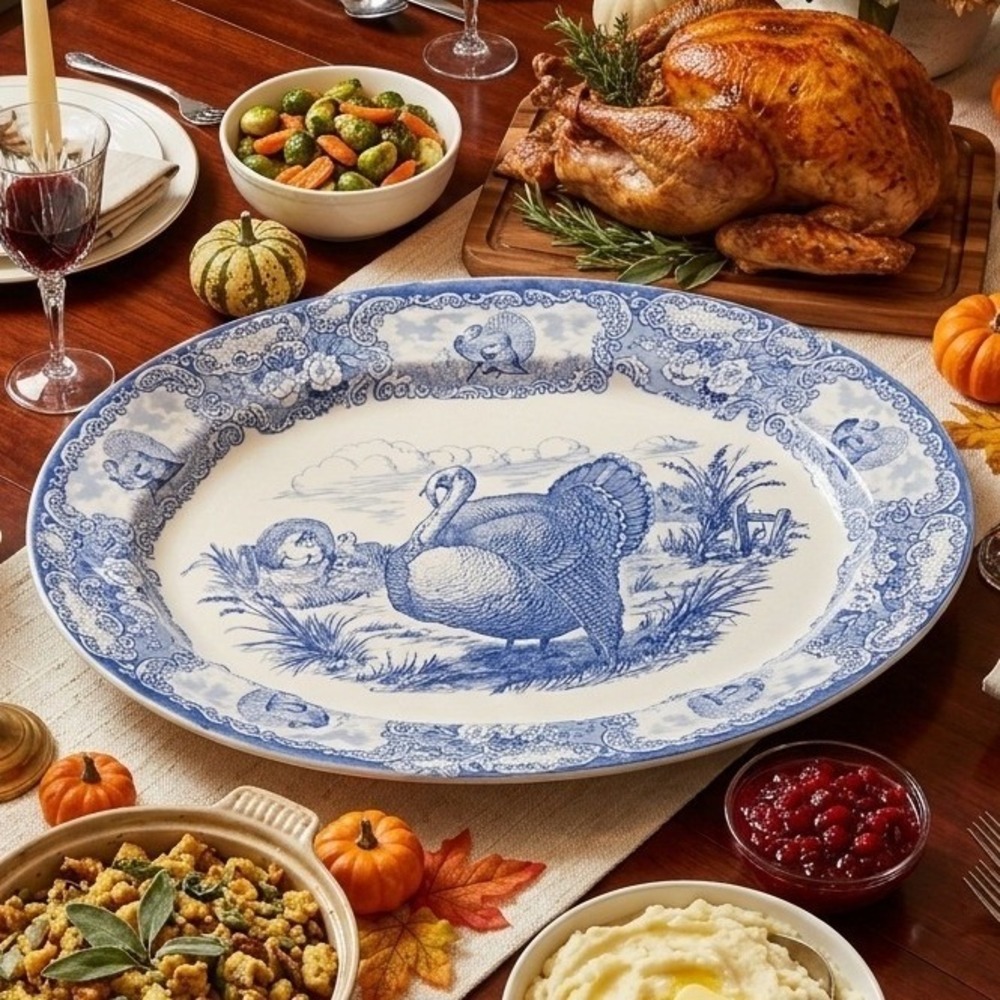 Vintage Blue White Turkey Transferware Oval Serving Platter Thanksgiving Harvest